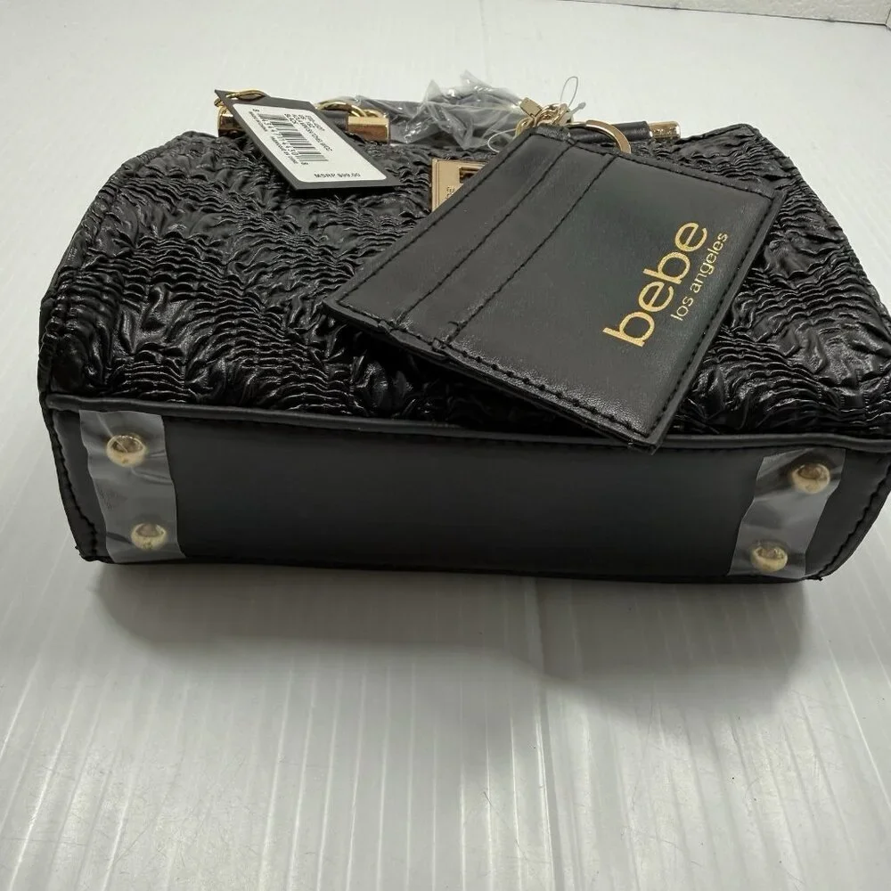Bebe Black Mini Satchel Bag Gold Chain Crossbody Textured Top Handle NWT